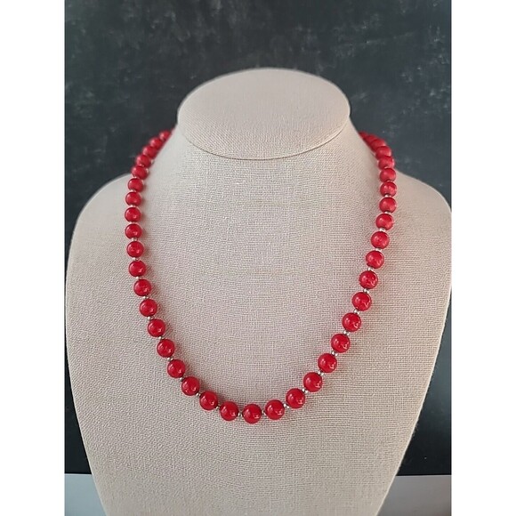 Red And Silver Tone Beaded Necklace Vintage, READ - Picture 1 of 10